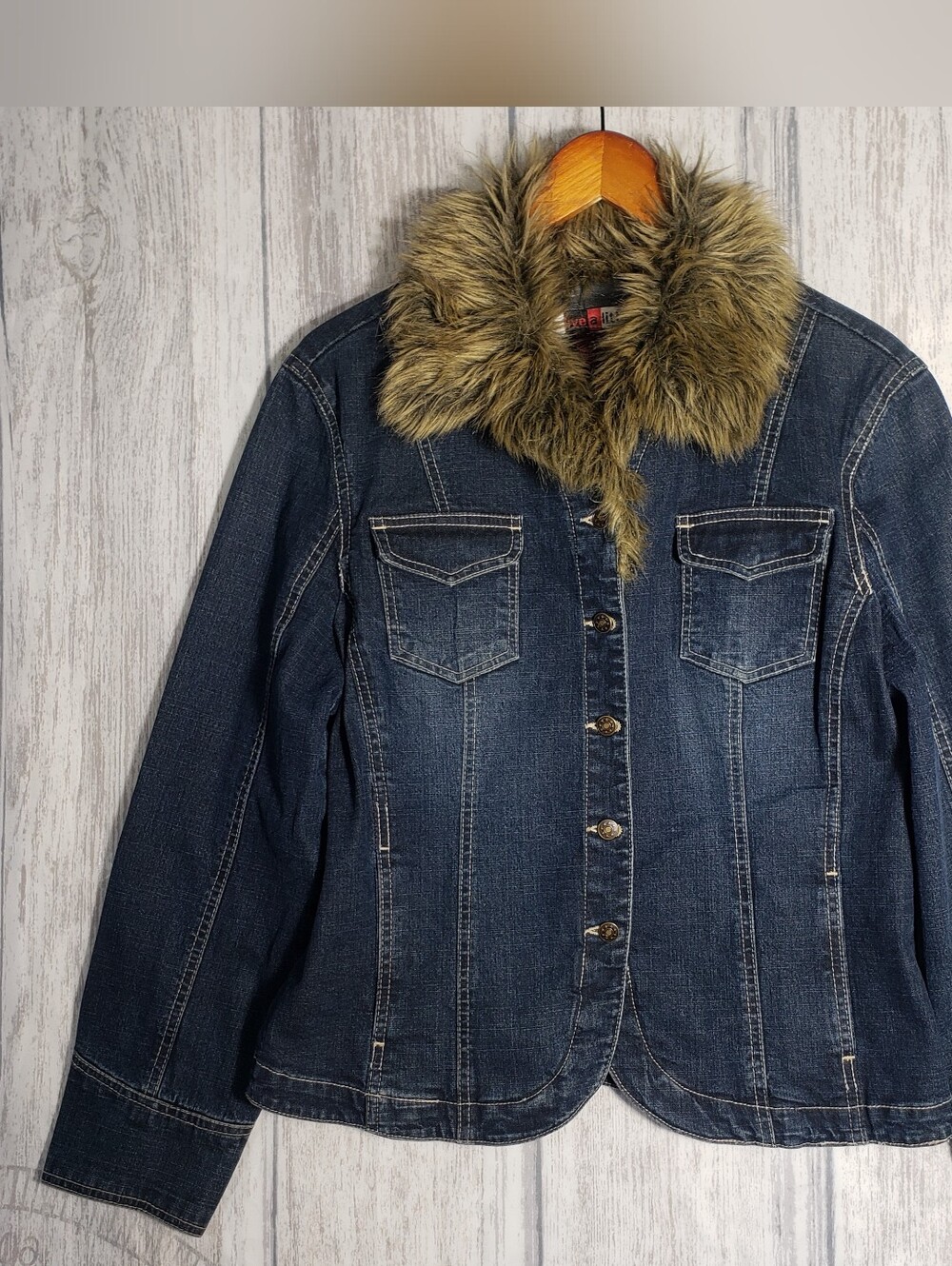 Live a Little Dark Blue Denim Jacket with Faux Fur Collar Sz Large